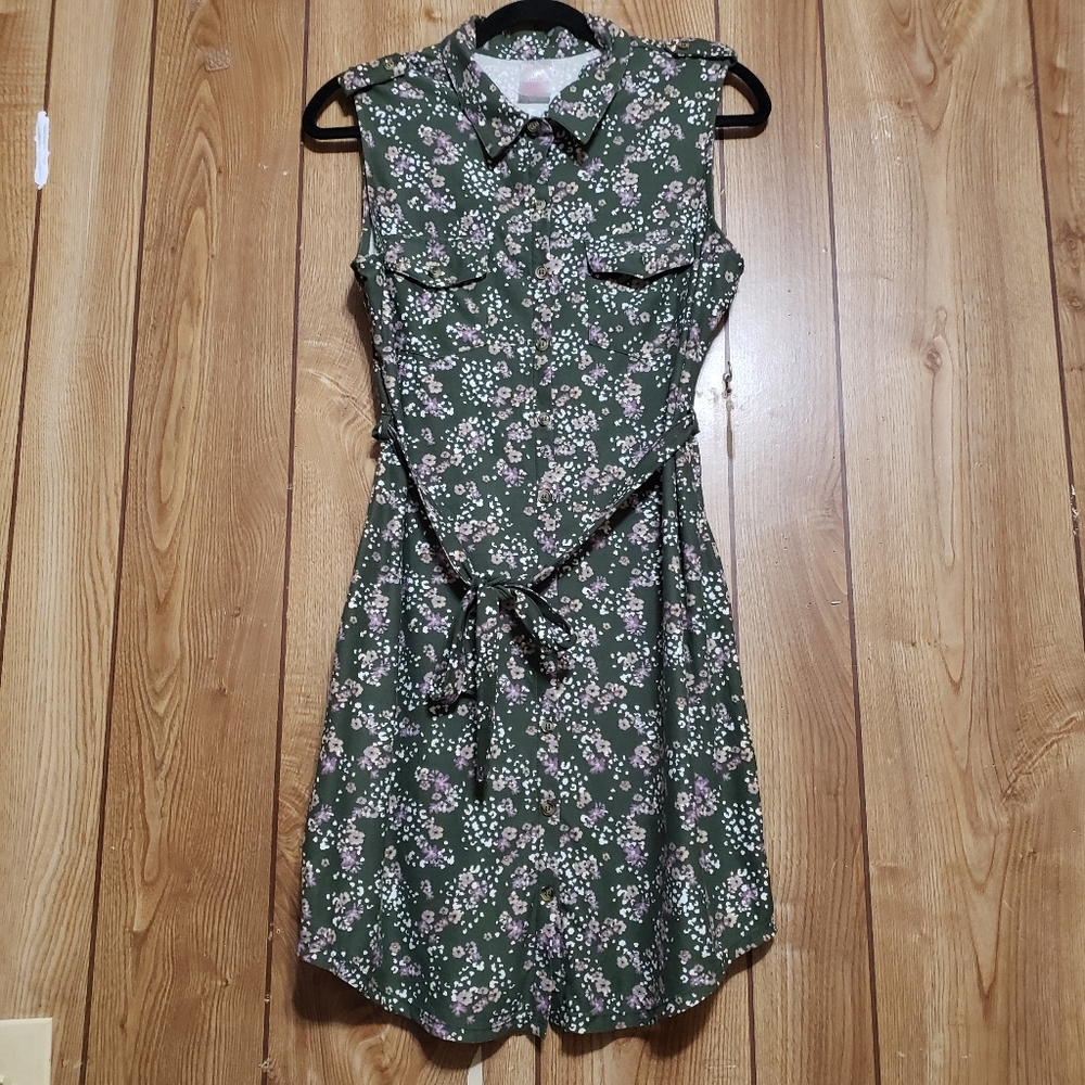 Button Up Sleeveless Dress Lg (11/13) Self Belt Jr's Floral Cowgirl Festival